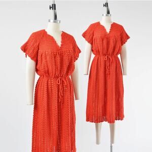 Vintage 70s Red Sheer Crochet Hand Knit Drawstring Waist Midi Dress M L